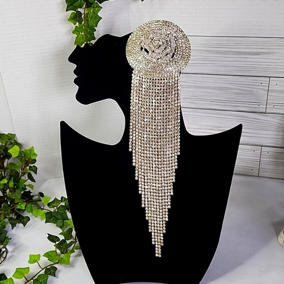 Large Statement Rose Flower Brooch Pin Yellow Gold Rhinestone Fringe New - Picture 3 of 13